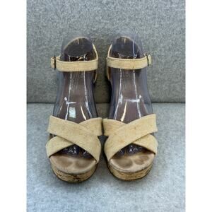 Toms Sandals Natural Sierra Canvas Burlap Crisscross Open Toe Cork Wedge 8.5